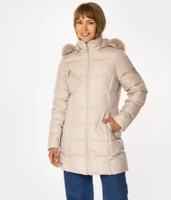 Puchowa kurtka damska z odpinanym kapturem CLIVIA2 5500 BEIGE