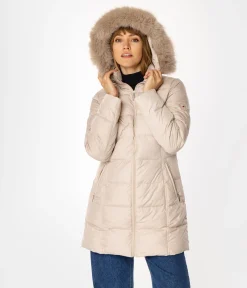 Puchowa kurtka damska z odpinanym kapturem CLIVIA2 5500 BEIGE