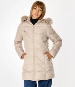 Puchowa kurtka damska z odpinanym kapturem CLIVIA2 5500 BEIGE