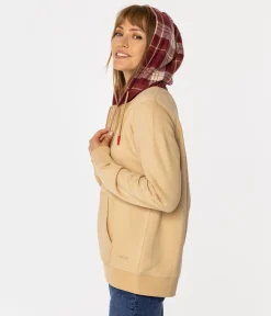 Rozpinana bluza damska z kapturem w kratę SAMIRA 4561 WARM SAND