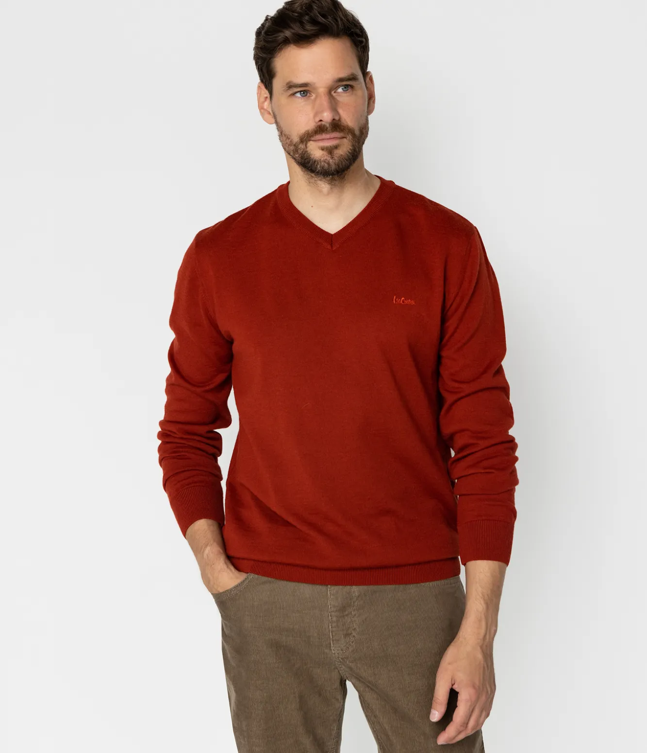 Sweter męski regular z wełną merino RIVER MERA RED OCHRE
